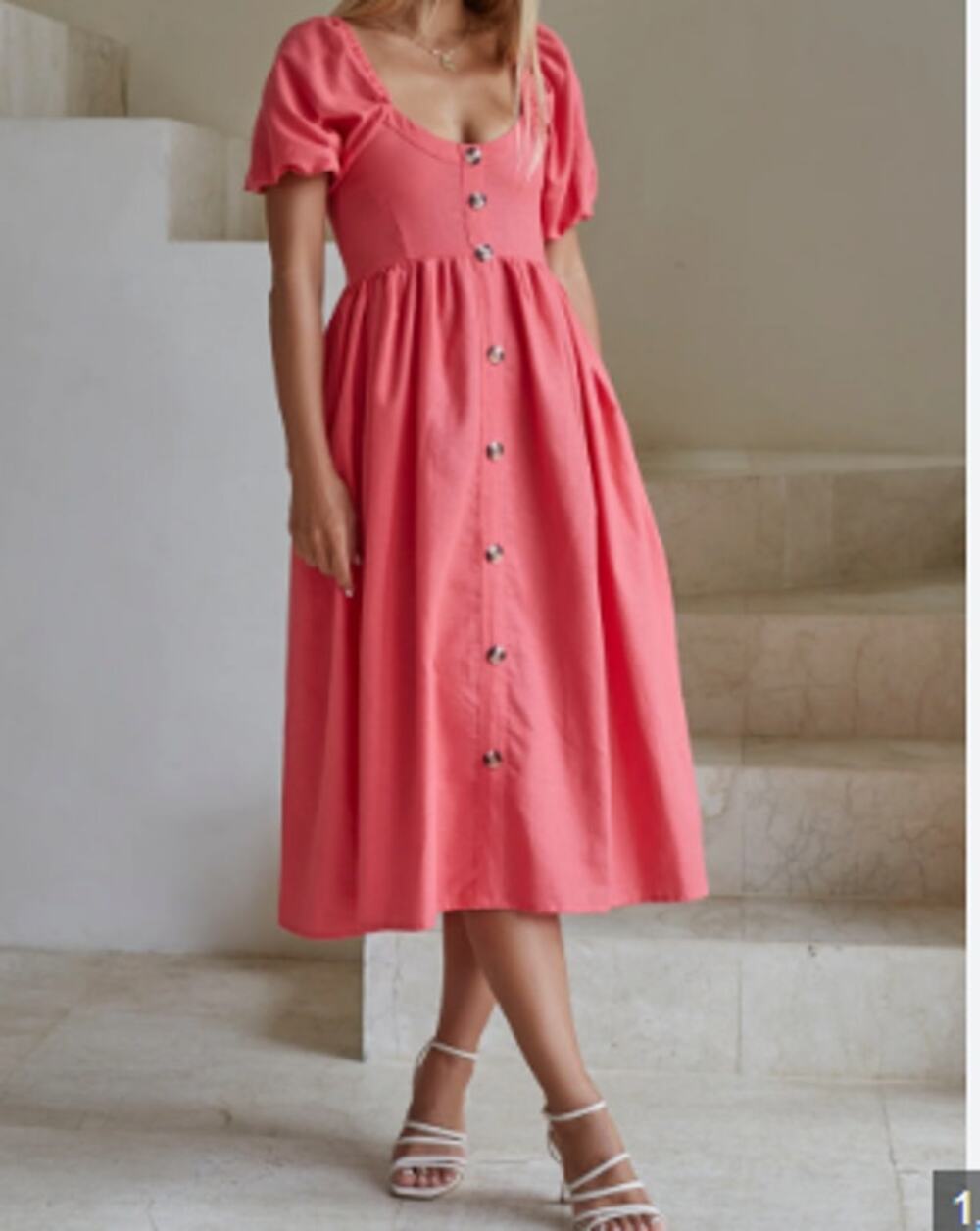 ELF Women's Adele Midi Dress Coral Pink 100% Linen Sz S